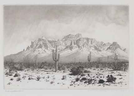 George Elbert Burr, "Superstition Mountain, Apache Trail, Arizona", etching painting fine art for sale purchase buy sell auction consign denver colorado art gallery museum 