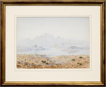 George Elbert Burr, A Mirage, Desert Landscape, Arizona, watercolor, painting, for sale, vintage, 1927, 1920s, desert, mountains, clouds, cactus, cacti, southwestern, blue, beige, brown, green, white, tan