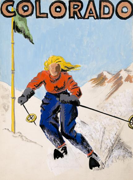 Arnold Ronnebeck, "Colorado Downhill (Skier in a Mountain Landscape)", mixed media, circa 1933, vintage illustration art for sale, colorado, denver artists guild