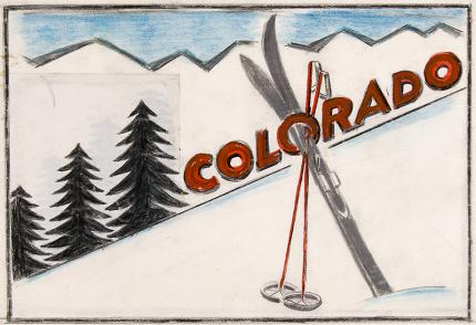 Arnold Ronnebeck, colorado skiing, vintage painting for sale, circa 1933, illustration art, snow, pine trees, ski art