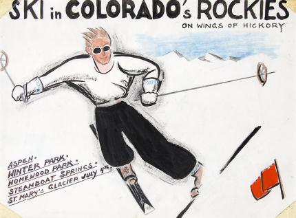 Arnold Ronnebeck, "Ski in Colorado's Rockies", circa 1933, art for sale, Vintage illustration art, Colorado tourism, On Wings of Hickory, Aspen, Winter Park, Steamboat Springs, Homewood Park, St. Mary's Glacier, July 4th