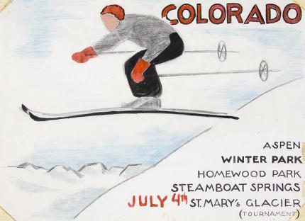 Arnold Ronnebeck, "Colorado Ski Jumper", vintage ski art for sale, circa 1930s, winter sports tourism, Aspen, Winter Park, Steamboat Springs, Homewood Park, St. Mary's Glacier.