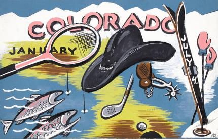 Arnold Ronnebeck, "Colorado Sports", circa 1933 vintage original painting illustration art ski colorado, snow, mountain, ice fishing, golf, tennis, cowboy hat january vintage art for sale