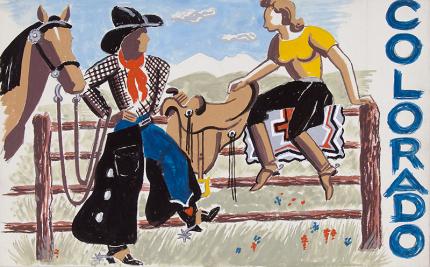 Arnold Ronnebeck cowgirls painting for sale, "Colorado #2", gouache, circa 1933