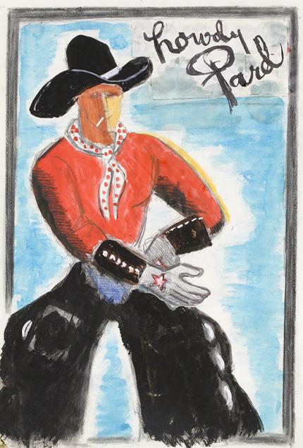 Arnold Ronnebeck, "Howdy Pard, Colorado", mixed media, circa 1933 illustration art vintage cowboy painting for sale wpa era modernist 