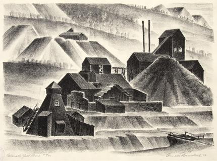 Arnold Ronnebeck, Colorado Gold Mine, lithograph, 1933, vintage, wpa era, art for sale, modernist, black, white, mountain, landscape 