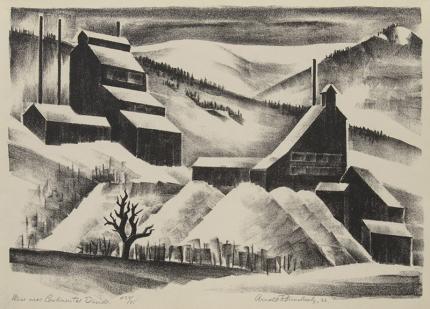 Arnold Ronnebeck, Mine Near Contintental Divide, Colorado, vintage, art for sale, lithograph, 1933, modernist, wpa era, black and white, landscape, snow, winter, mining, ghost town, denver artists guild