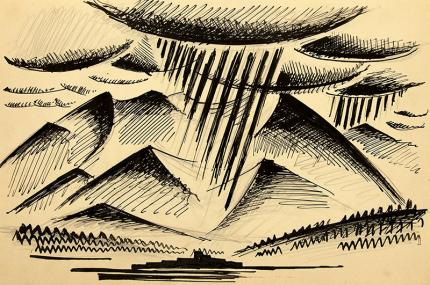 Arnold Ronnebeck, "Rain over Taos Pueblo #1", drawing, painting for sale, circa 1927, ink and graphite on paper, modernist, modernism, vintage new mexico art, landscape