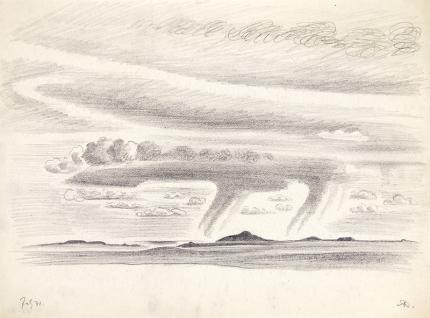 Arnold Ronnebeck, New Mexico Rain #7, graphite, circa 1925, vintage, art for sale, landscape, desert, clouds, thunder, butte, mesa, 1920s, denver artist guild
