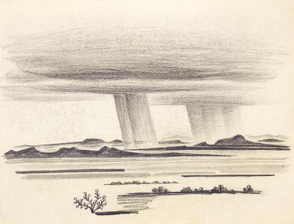 Arnold Ronnebeck, "New Mexico Rain #2", graphite, circa 1925, modernist, modernism, landscape, vintage art for sale, drawing, denver artists guild