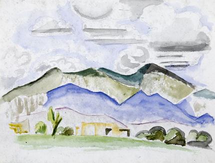 Arnold Ronnebeck, art for sale, "Summer Afternoon, Taos, New Mexico", watercolor, painting, 1925, vintage, original, landscape, mountains, adobe
