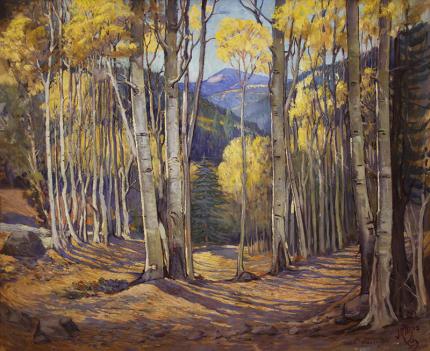  Joseph Willis, "At Twining Taos Mountains (New Mexico Aspens in Autumn)", oil, circa 1930-1950roy painting fine art for sale purchase buy sell auction consign denver colorado art gallery museum 