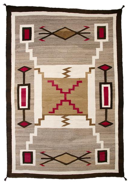 vintage navajo Trading Post Rug for sale, Navajo, early 20th century, area rug, floor rug, wall hanging, gray, brown, tan, white, cream, red, lightning bug, storm pattern