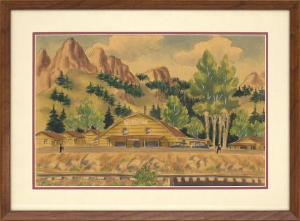 James Russell Sherman "Blue Creek Lodge" South Fork, Colorado vintage 1940s watercolor painting fine art for sale purchase buy sell auction consign denver colorado art gallery museum   
