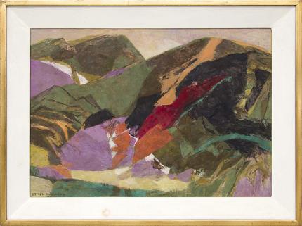 Ethel Magafan, "Hidden Meadow (Colorado Mountain Landscape)", semi-abstract landscape painting, tempera, 1979