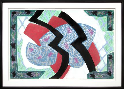Sidney Guberman abstract painting for sale, "Faulkner in Fresno", mixed media, 1986, red, blue, black, white, green, purple