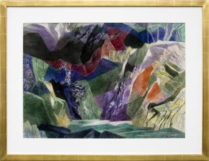 Ethel Magafan abstract painting for sale, On Coming Storm, Colorado Mountain Landscape, watercolor, mid-century modern, semi-abstract, woman artist, broadmoor academy, woodstock,  blue, green, red purple, yellow, black, white, turquoise