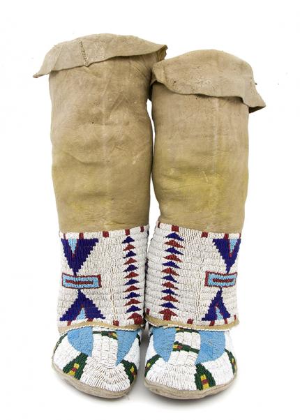 Antique Sioux beaded moccasins and leggings, high top, hi top, native american plains indian art for sale, hide, ochre, trade beads, 19th century