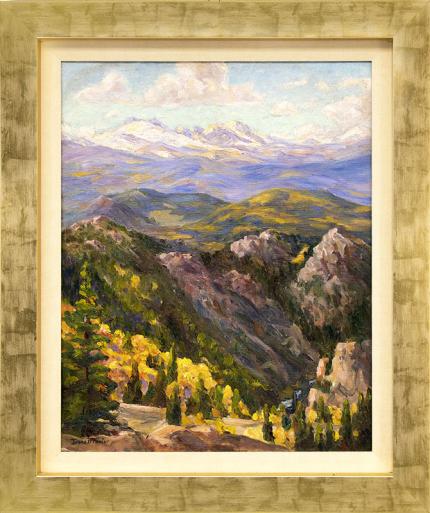 Irene Fowler, "Boulder Canyon (Colorado Mountain Landscape in Autumn)", original vintage oil painting, circa 1930 - 1950