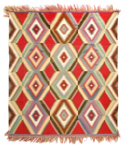Vintage Navajo Germantown weaving for sale, 1880, eyedazzler, eye, dazzler, antique, native american, indian, southwestern, 19th century, red, green, purple, yellow, pale, fringe, blanket, textile, throw