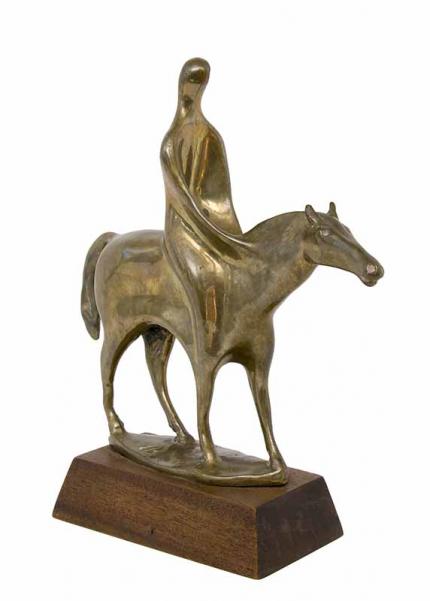 Edgar Britton, vintage bronze sculpture for sale, Figure on Horseback), circa 1950-1970, tabletop, equestrian, gold