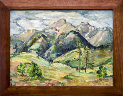 Zola Zaugg, Mountain Landscape, Colorado Springs, oil painting, vintage 1953, broadmoor academy, woman artist, women, bunnell student, colorado springs fine arts center, green, blue, white, yellow, red, spring, summer, snow, peaks