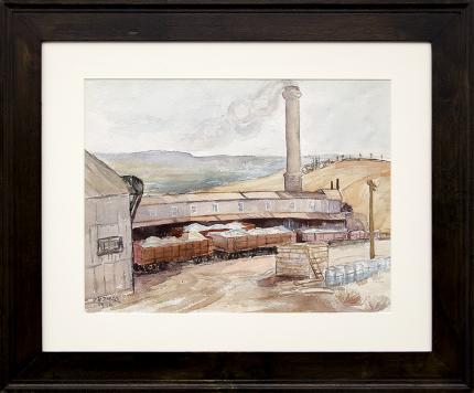 Zola Zaugg, vintage painting for sale, "Golden Cycle Mine (Old Colorado City, Colorado)", watercolor, 1940, architecture, exploration, ore cart, mountain, woman artist, women, broadmoor academy, colorado springs fine arts center