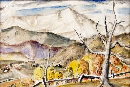 Charles Bunnell original vintage oil painting for sale, 1940s, Pikes Peak, Modernist Colorado Mountain Landscape painting, tempera