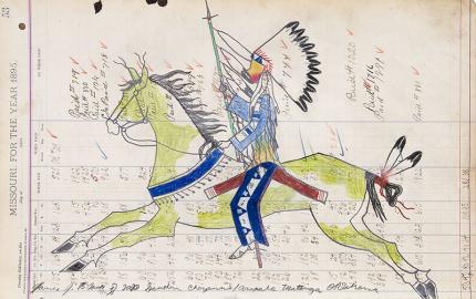 James Black, ledger drawing for sale, Cheyenne Contrary Warrior with Thunder Bow, 1920, contemporary native american painting, southern cheyenne