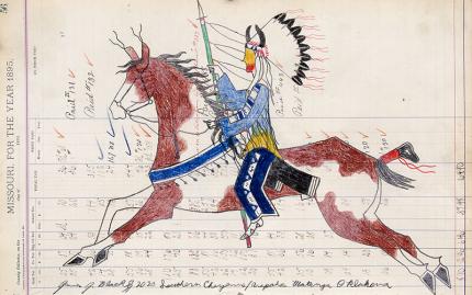 James Black, ledger art, drawing, "Cheyenne Warrior on Horseback with Horned Bonnet", 2020, contemporary native american art for sale