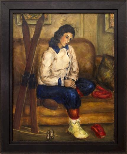 vintage painting, for sale, "Adylin with Skis, Sitting Pose", oil, 1939. wpa era, regionalist, woman, female, ski, skiing, sports, winter, sofa, fire, interior, brown, blue, white, yellow, red
