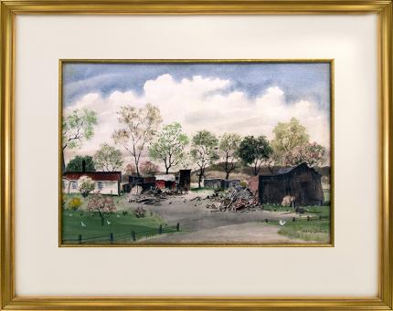 Adolf Dehn, Minnesota Farm, watercolor, 1942, vintage art, painting for sale, farmhouse, barn, shed, trees, blue sky, white clouds, chickens, farmyard, green, blue, red, white, brown, gray