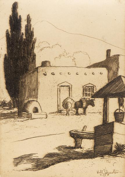Will Shuster, La Noria, Well, Adobe House, Trees and Sky, New Mexico, etching, 1929, vintage, art for sale, print, black and white, los cinco pintores, santa fe, taos