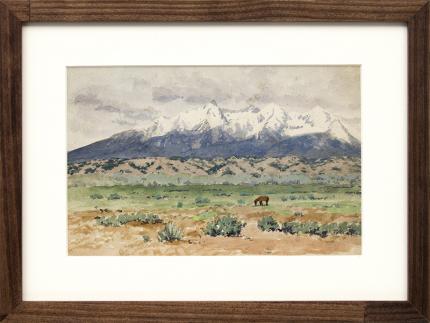 Charles Partridge Adams, "Untitled (Blanca Peak, Sangre de Cristo Range, from the San Luis Valley, Colorado)", watercolor, circa 1915, vintage painting for sale, landscape, colorado art