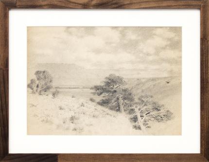 Charles Partridge Adams, "Untitled (Southern Colorado Landscape)", drawing, vintage, original, graphite, early 20th century, tonalist, hudson river, tree, mountain, landscape, black, white, gray, clouds