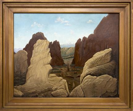 A.K. Mills, Garden of the Gods and Pikes Peak, Colorado Landscape, vintage, oil painting, 1925, mountain, rock formation, early 20th century, brown, gold, green, blue, modernist, impressionist