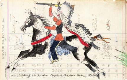 James Black, Ledger Drawing for sale, "Chief Roman Nose Riding with Warbonnet", native american, southern cheyenne, plains indian, north american indian, contemporary art, horse, feather bonnet, raid, war, battle, red, black, white