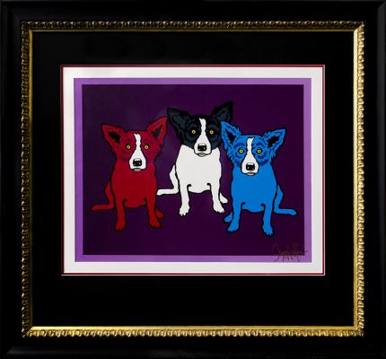 George Rodrigue, "Split Personality", serigraph/silkscreen, 1991, blue dog series, red dog, purple, black, white, original, signed, art for sale