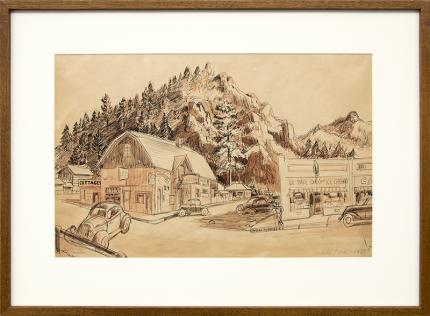 James Russell Sherman, painting for sale "Estes Park", colorado, landscape, modernist, shops, storefront, vintage painting, watercolor, 1938