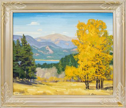 Alfred Wands, landscape painting for sale, Colorado Mountains with Lake in Autumn, pine, aspen, oil paint, denver artists guild