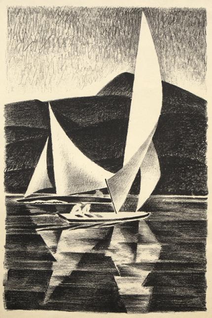 Arnold Ronnebeck, Grand Lake, Sailboats, Colorado, lithograph, circa 1932, vintage, art for sale, marine, mountain landscape, yacht, black, white, wpa era, modernist