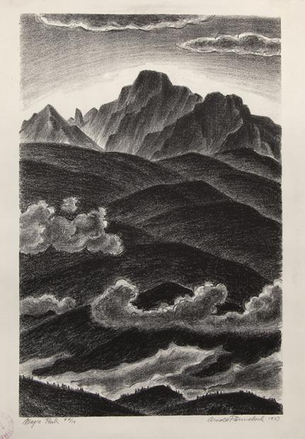 Arnold Ronnebeck, Magic Peak, Colorado Mountain Landscape with Clouds, lithograph, 1937, vintage, black and white, modern, modernist, Denver Artists Guild