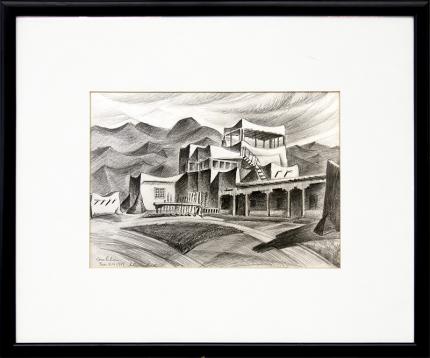 Arnold Ronnebeck, "Casa Luhan (Home of Mabel Dodge Luhan, Taos, New Mexico)", graphite drawing, 1925, vintage New Mexico art for sale, modernist, modernism, black and white