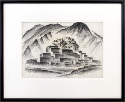 Arnold Ronnebeck, "Taos Pueblo (New Mexico)", graphite drawing for sale, vintage art, circa 1925, black and white, mountains, adobe, landscape