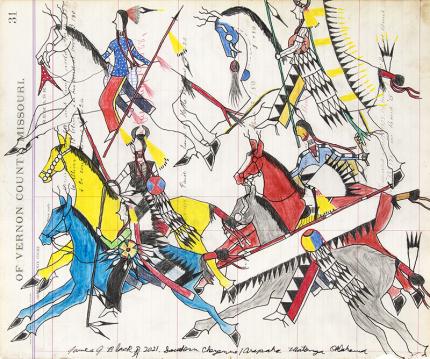 James Black, "War Party Scene", mixed media, 2021, ledger drawing