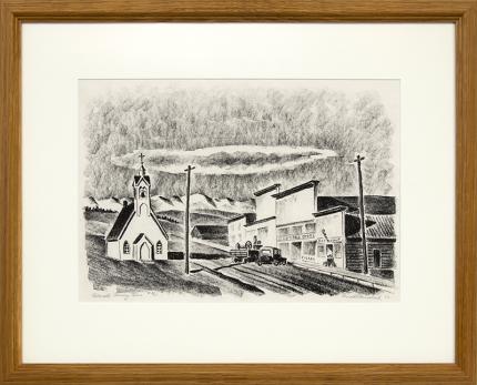 Arnold Ronnebeck, Colorado Mining Town; Fairplay, 8/25, lithograph, 1933, vintage art for sale, denver artists guild, mountain church, black & white 