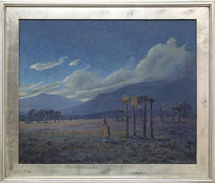 Harold Skene, "Burial Platform", oil painting, 1959, vincent, art for sale, vintage, native american, burial platform, evening, clouds, landscape, mountain, prairie, blue, green, silver, white