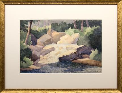 Maude Leach, Landscape with Trees and Creek, vintage, painting, watercolor, 1920s, 1930s, colorado, california, river, boulders, green, blue, brown, purple