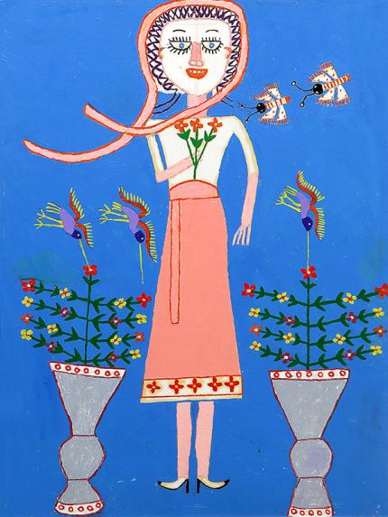 Martin Saldana, painting, "Pinky (Girl and Hummingbirds, San Luis Potosi, Mexico)", oil, 1953-1965, 1950s, mid 20th century, blue, pink, white