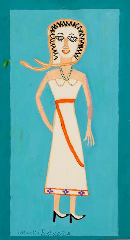 Martin Saldana, "Pinky", oil, 1963, female figure, mexican folk art, primitive naive painting, blue, white, orange